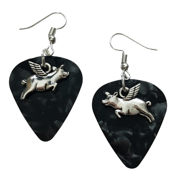 𝅺HAND Crafted Drop Earrings When Pigs Fly Repurposed Guitar Picks - Picture 1 of 6